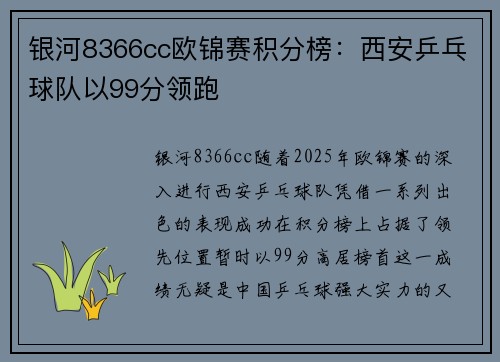 银河8366cc欧锦赛积分榜：西安乒乓球队以99分领跑